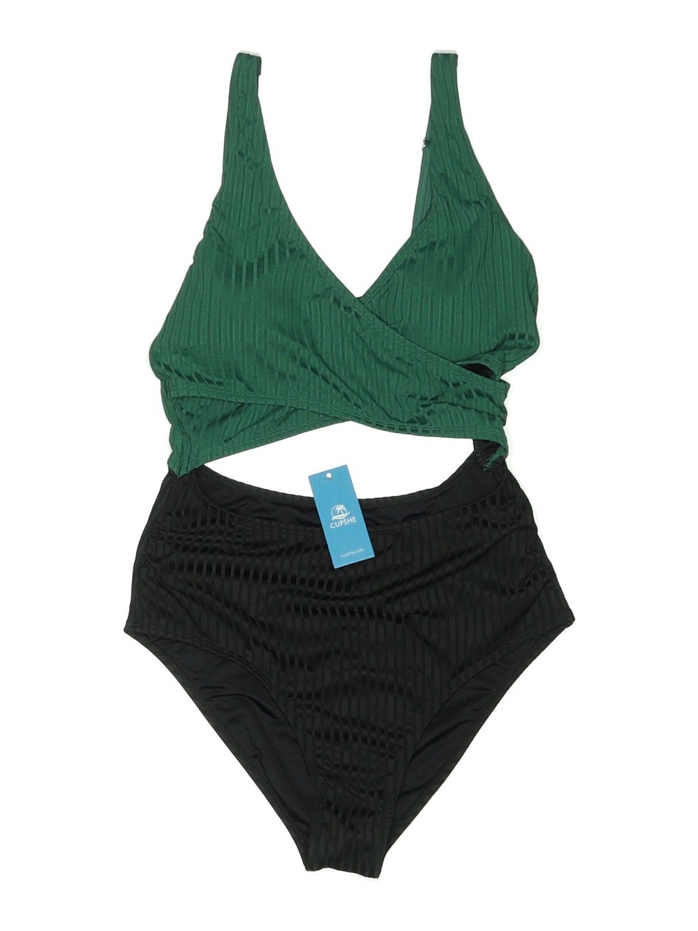 Cupshe Green and Black Ribbed Wrap High-Waist One-Piece Swimsuit